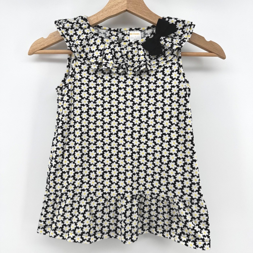 Gymboree Daisy Floral Top Girls Size 7 Black White Yellow Ruffle Peplum Bow - Picture 2 of 6